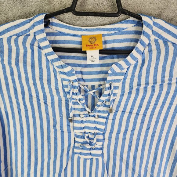 Womens Petite Ruby Rd. Blue & White Striped Blouse Top Rolled Tab Sleeve Size PL - Picture 4 of 9